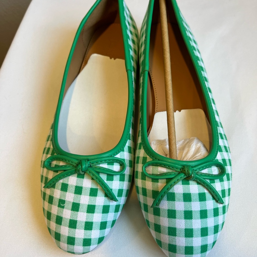 J. Crew Green and White Gingham Flats